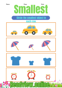 Activity sheet for identifying smallest objects